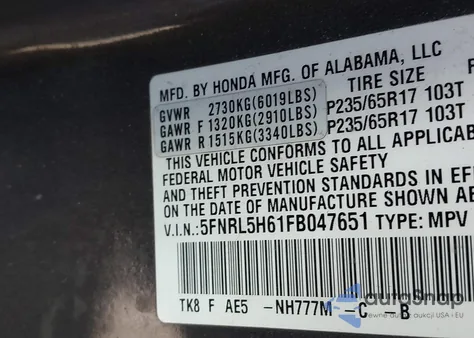 2015 Honda Odyssey Ex-L z USA, uszkodzony, nr VIN 5FNRL5H61FB047651